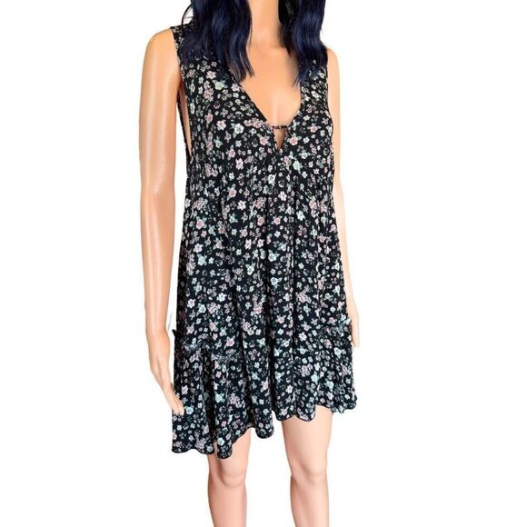 Millibon USA Black Floral Boho Summer Mini Dress Size Small Medium - Picture 3 of 6